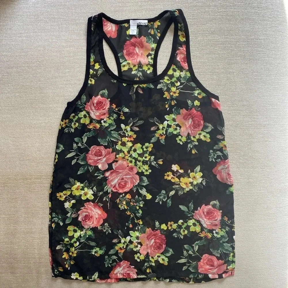 Abound Sheer Floral Roses Sleeveless Racer back Black Pink Blouse Size M - Picture 3 of 13